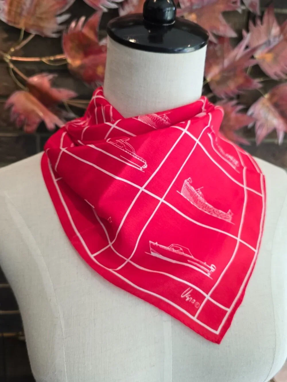 Vera Neumann - Vintage Silk Scarf w/ Traditional Wooden Motorboats, Red & White​ - Picture 4 of 9